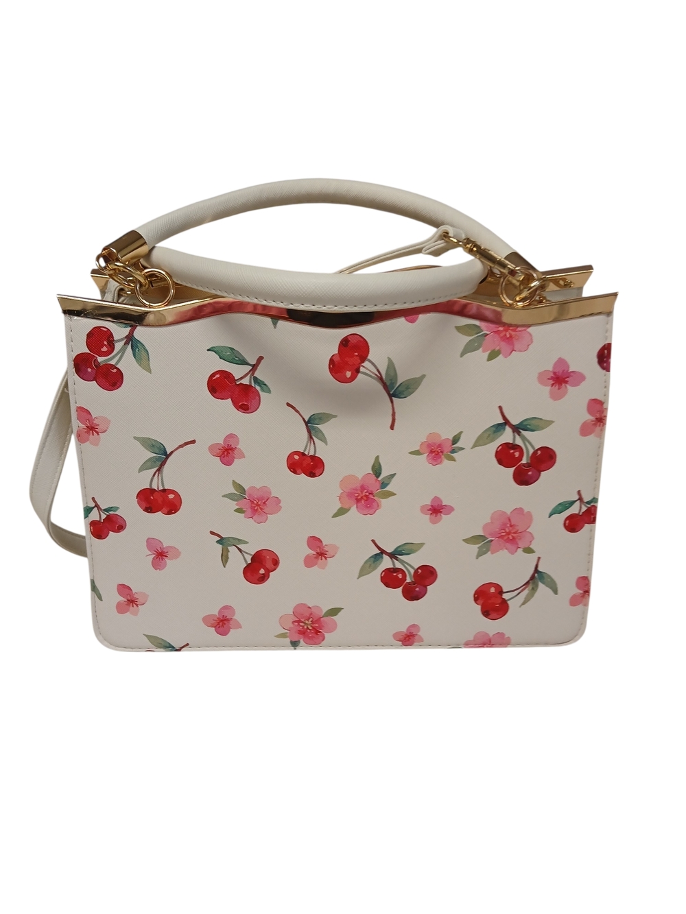 White Cherry Print Tote Bag with Matching Cherry Tassel Charm - Picture 2 of 9